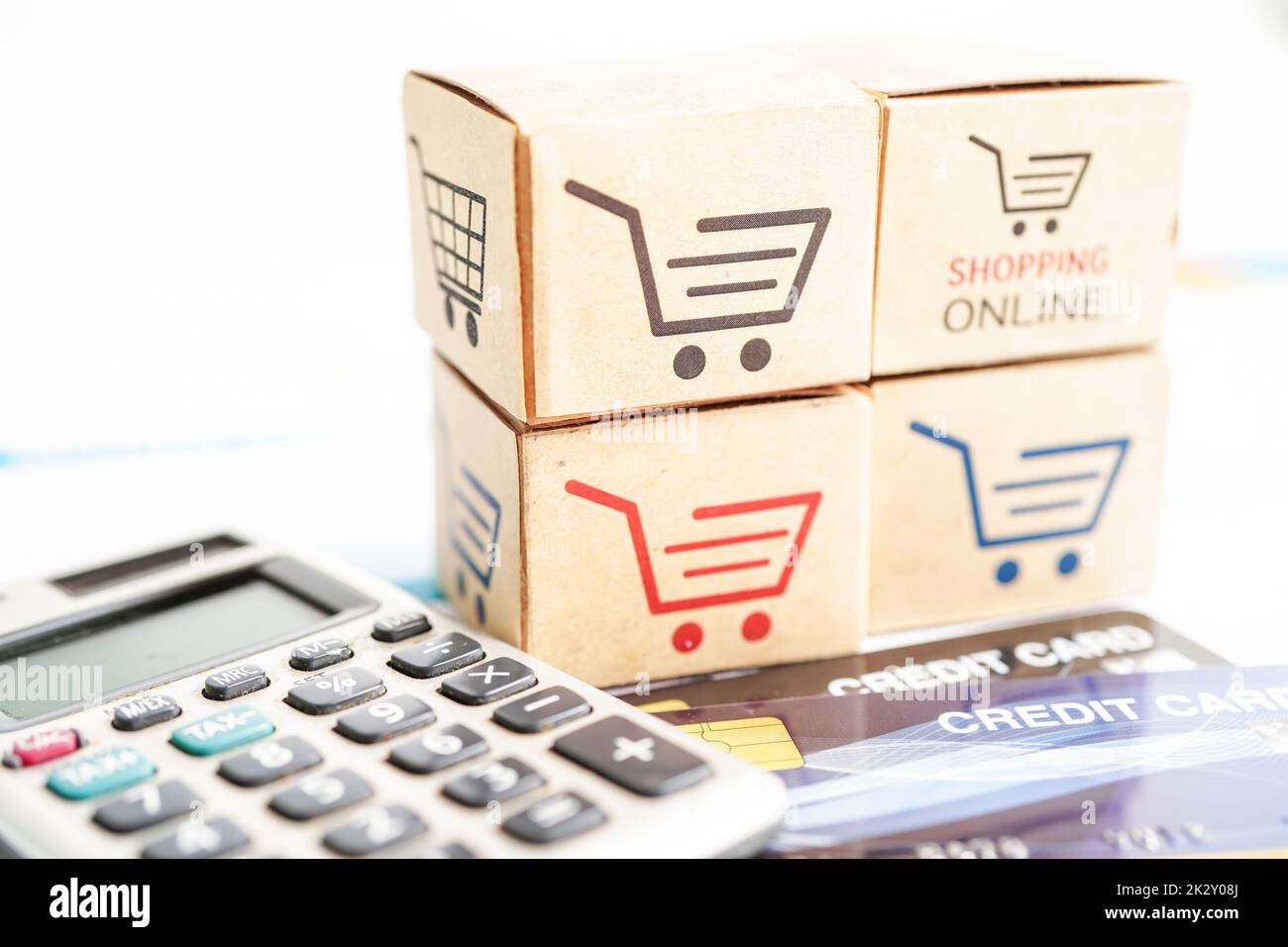 Shopping online, scatola carrello con carta di credito, import export, finanza commerce. Foto Stock