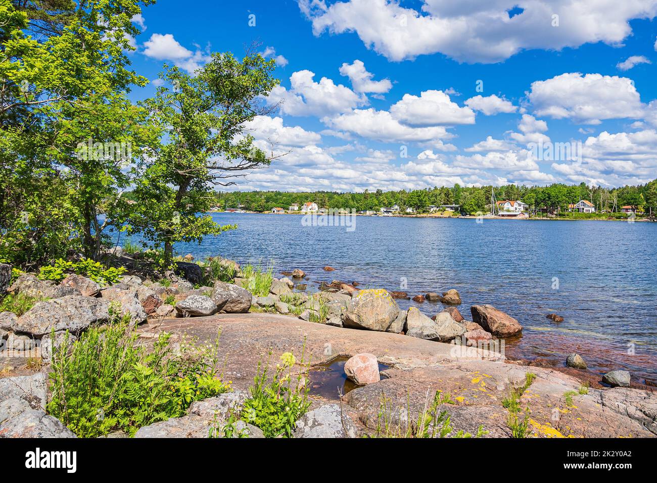 Paesaggio con rocce e alberi sull'isola di UvÃ¶ in Svezia Foto Stock