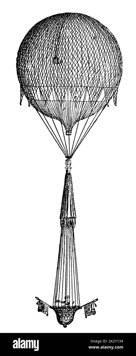 Il pallone a gas con paracadute di Jacques Charles. Illustrazione del 19 ° secolo. Germania. Sfondo bianco. Foto Stock