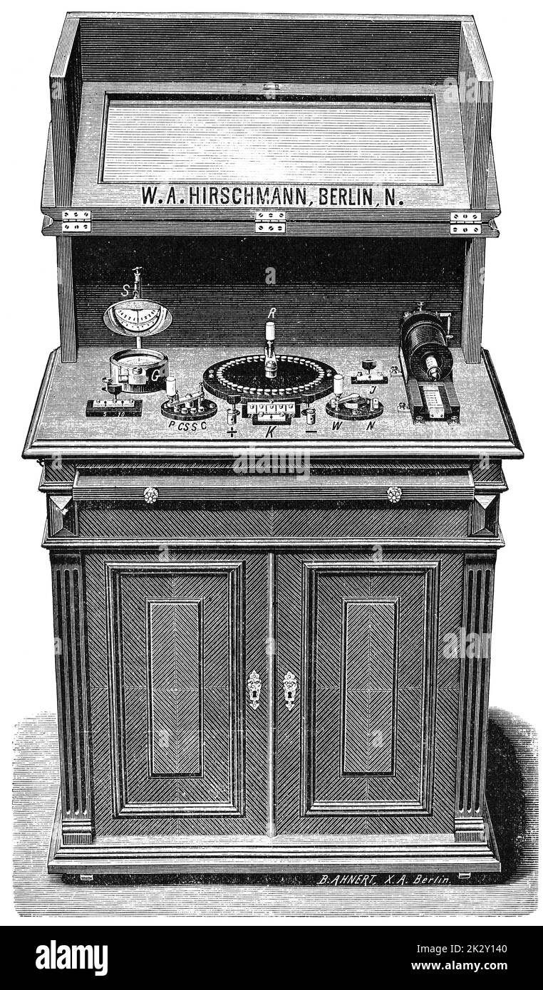 Grande apparato stazionario per corrente costante ed indotta. Illustrazione del 19 ° secolo. Germania. Sfondo bianco. Foto Stock