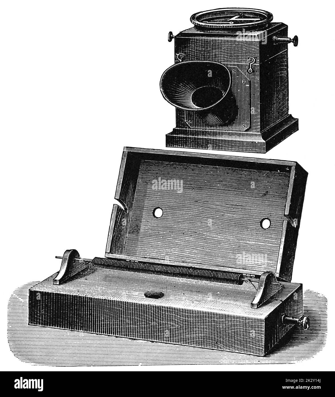 Il telefono di Johann Philipp Reis. Illustrazione del 19 ° secolo. Germania. Sfondo bianco. Foto Stock