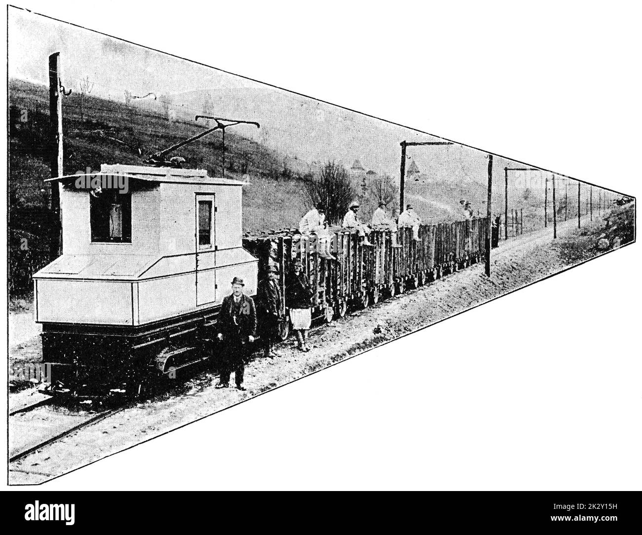 Binario luminoso elettrico con linea aerea nel sud della Slavonia. Illustrazione del 19 ° secolo. Germania. Sfondo bianco. Foto Stock