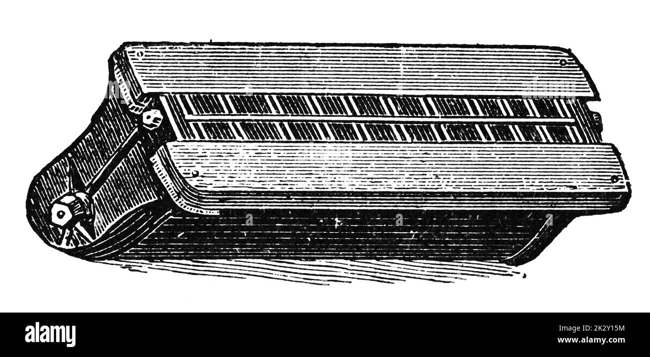 Dispositivo magnetico per la separazione di parti in ferro e acciaio da prodotti di granatura e smerigliatura. Illustrazione del 19 ° secolo. Germania. Sfondo bianco. Foto Stock