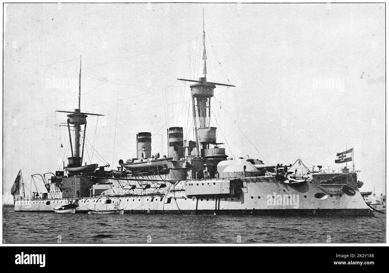 SMS Weissenburg - la prima corazzata oceanica della Marina Imperiale tedesca. Illustrazione del 19 ° secolo. Germania. Sfondo bianco. Foto Stock