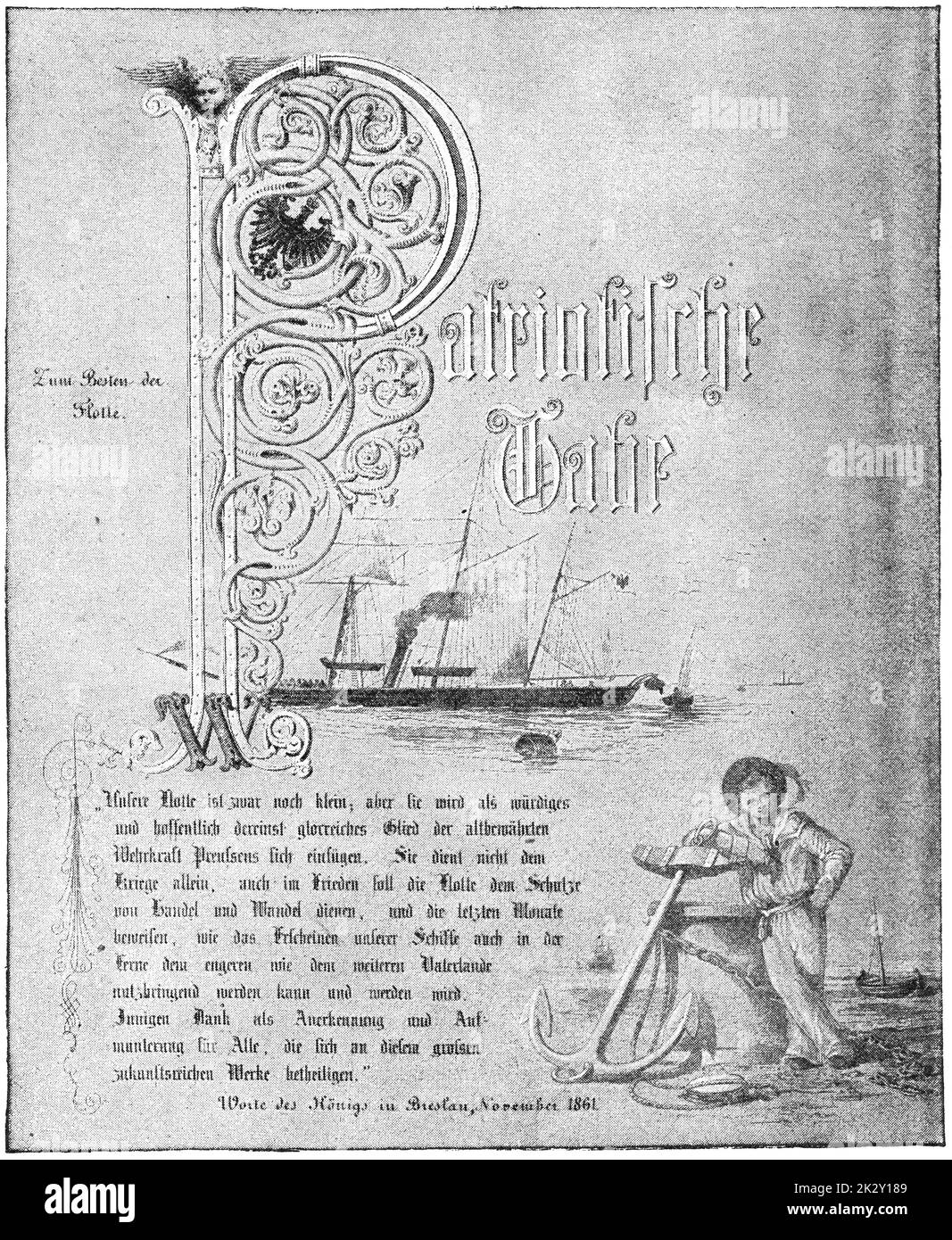 Discorso di Guglielmo i, imperatore tedesco che commemora il relitto di SMS Amazzone (1843) nel novembre 1861 al largo delle coste olandesi. Illustrazione del 19 ° secolo. Germania. Sfondo bianco. Foto Stock