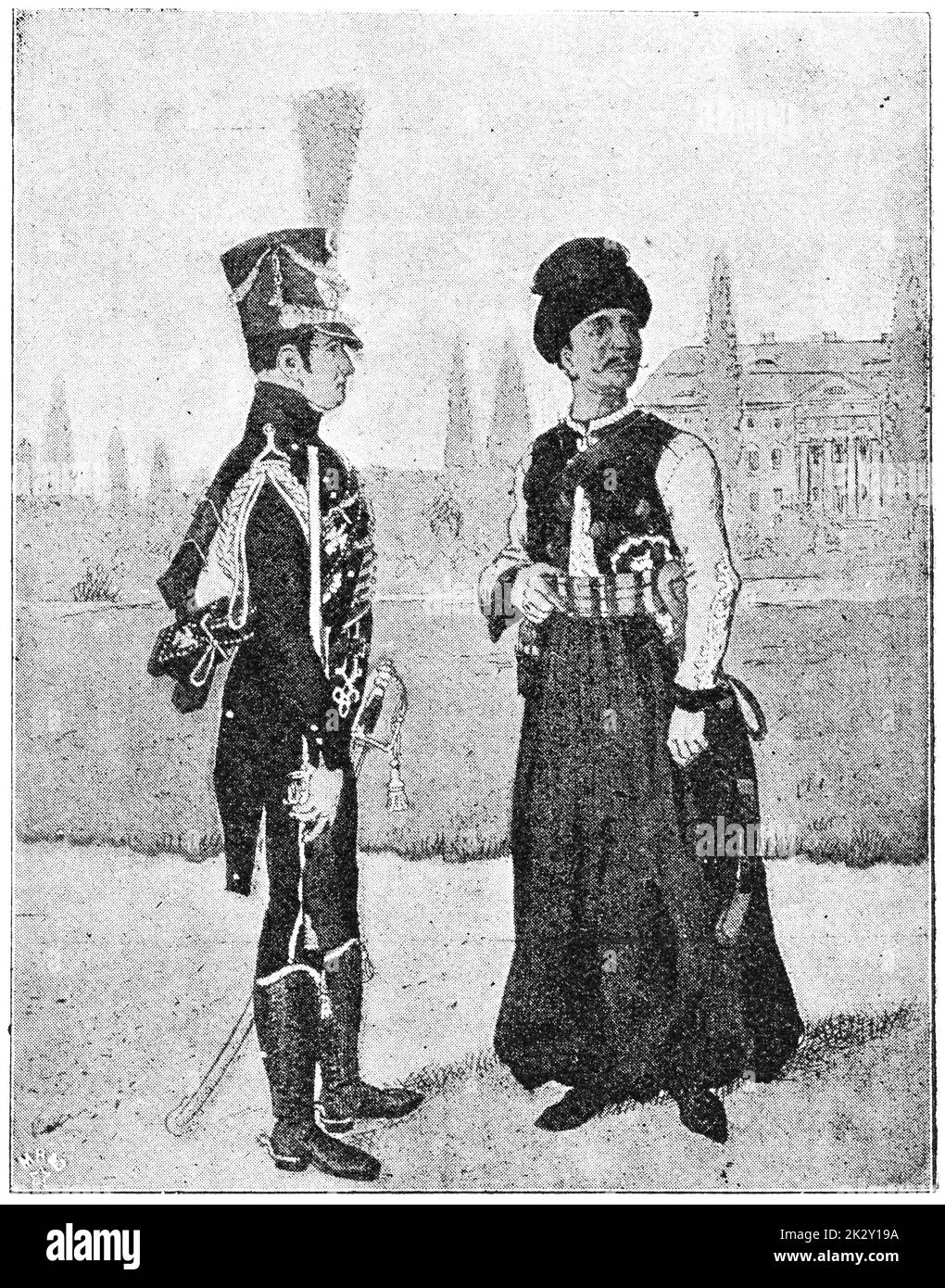 Guardia imperiale francese (1806). Illustrazione del 19 ° secolo. Germania. Sfondo bianco. Foto Stock