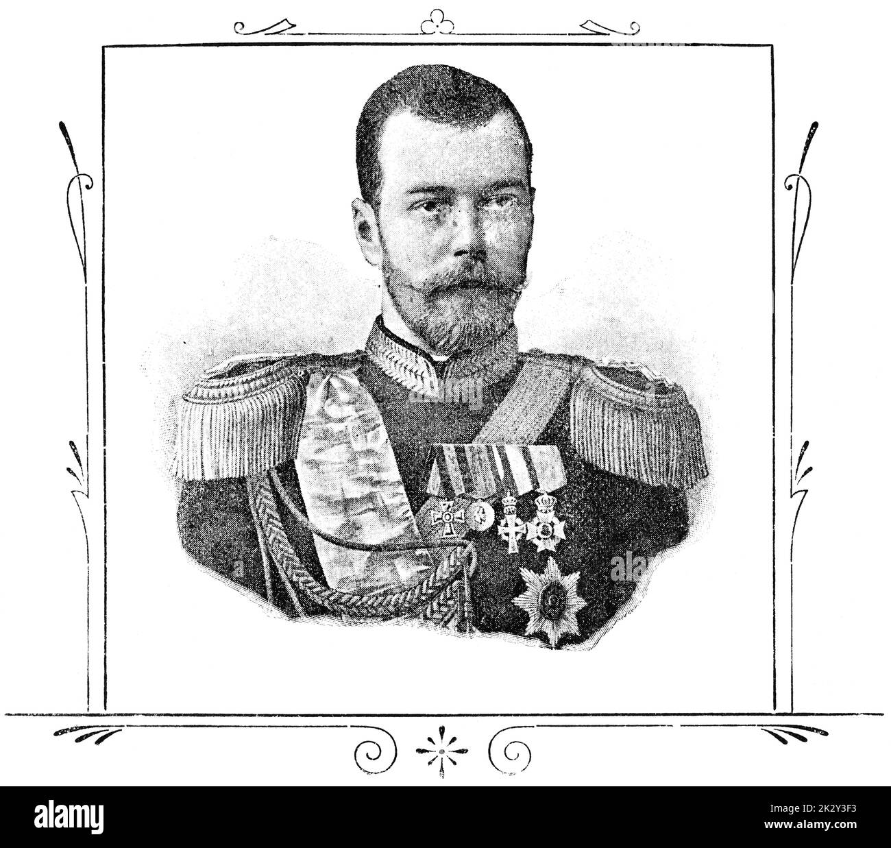 Ritratto di Nicola II di Russia - l'ultimo imperatore di tutta la Russia. Illustrazione del 19 ° secolo. Germania. Sfondo bianco. Foto Stock