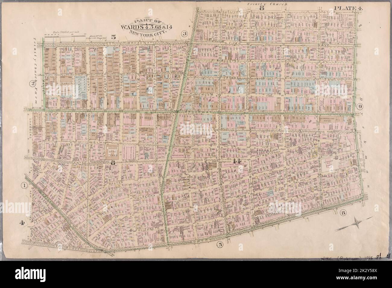 Cartografica, Mappe. 1885. Lionel Pincus e la Principessa Firyal Map Division. Real Property , New York (state) , New York, New York (N.Y.) Targa 4: West Broadway, Canal Street, Sullivan Street, W. Houston Street, Bowery Street, New Bowery Square, New Chambers Street, Chambers Street, Broadway e Reade Street. Parte di Wards 5, 6, 8 & 14, New York City. Foto Stock