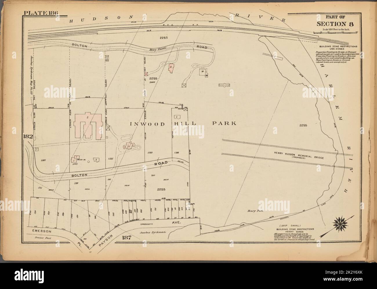 Cartografica, Mappe. 1927. Lionel Pincus e la Principessa Firyal Map Division. Real Property , New York (state) , New York, Manhattan (New York, N.Y.) Piastra 186, parte della sezione 8: Inwood Hill Park, delimitata da Bolton Road, Hudson River, Harlem River, Payson Avenue ed Emerson Place. Foto Stock