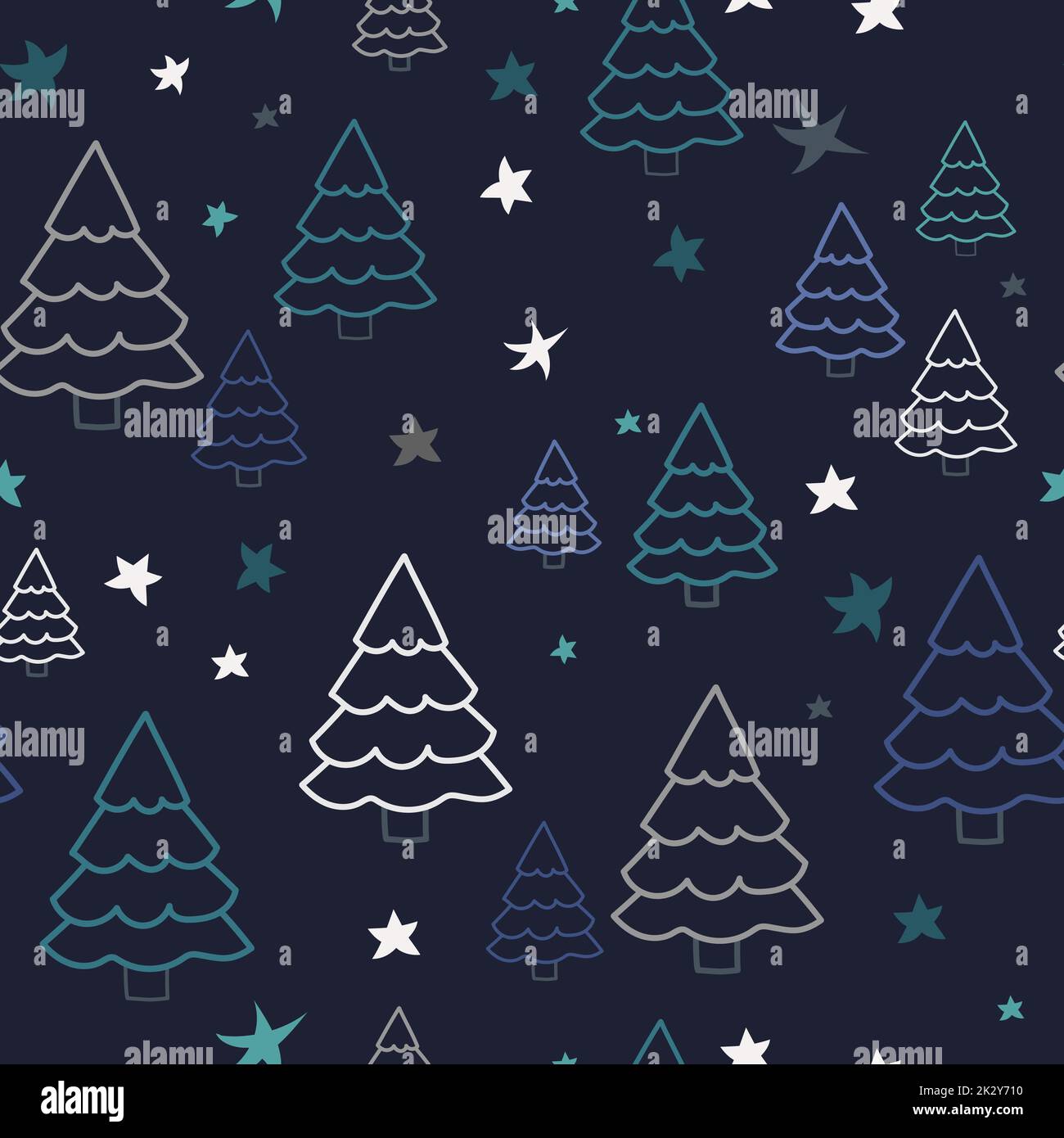 Inverno foresta, senza cuciture modello scandinavo. Texture scura con un albero di Natale per la stampa, carta, disegno, tessuto, decorazione, confezione regalo, sfondo Illustrazione Vettoriale