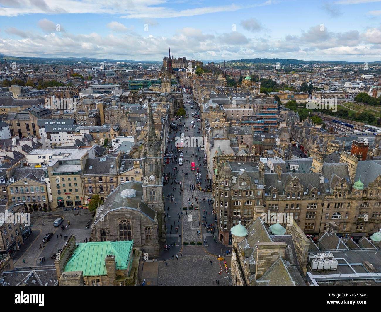 Vista aerea del Royal Mile a Edimburgo, Scozia, Regno Unito Foto Stock
