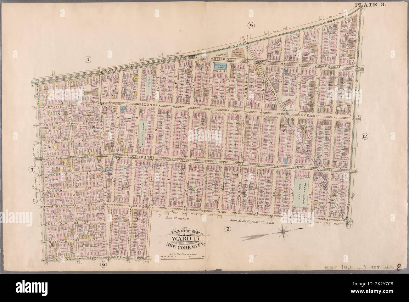 Cartografica, Mappe. 1885. Lionel Pincus e la Principessa Firyal Map Division. Real Property , New York (state) , New York, New York (N.Y.) Piastra 8: Delimitata da Bowery, Fourth Avenue, E. 14th Street, Avenue A, E. 3rd Street, Clinton Avenue e Rivington Street. Parte di Ward 17, New York City. Foto Stock