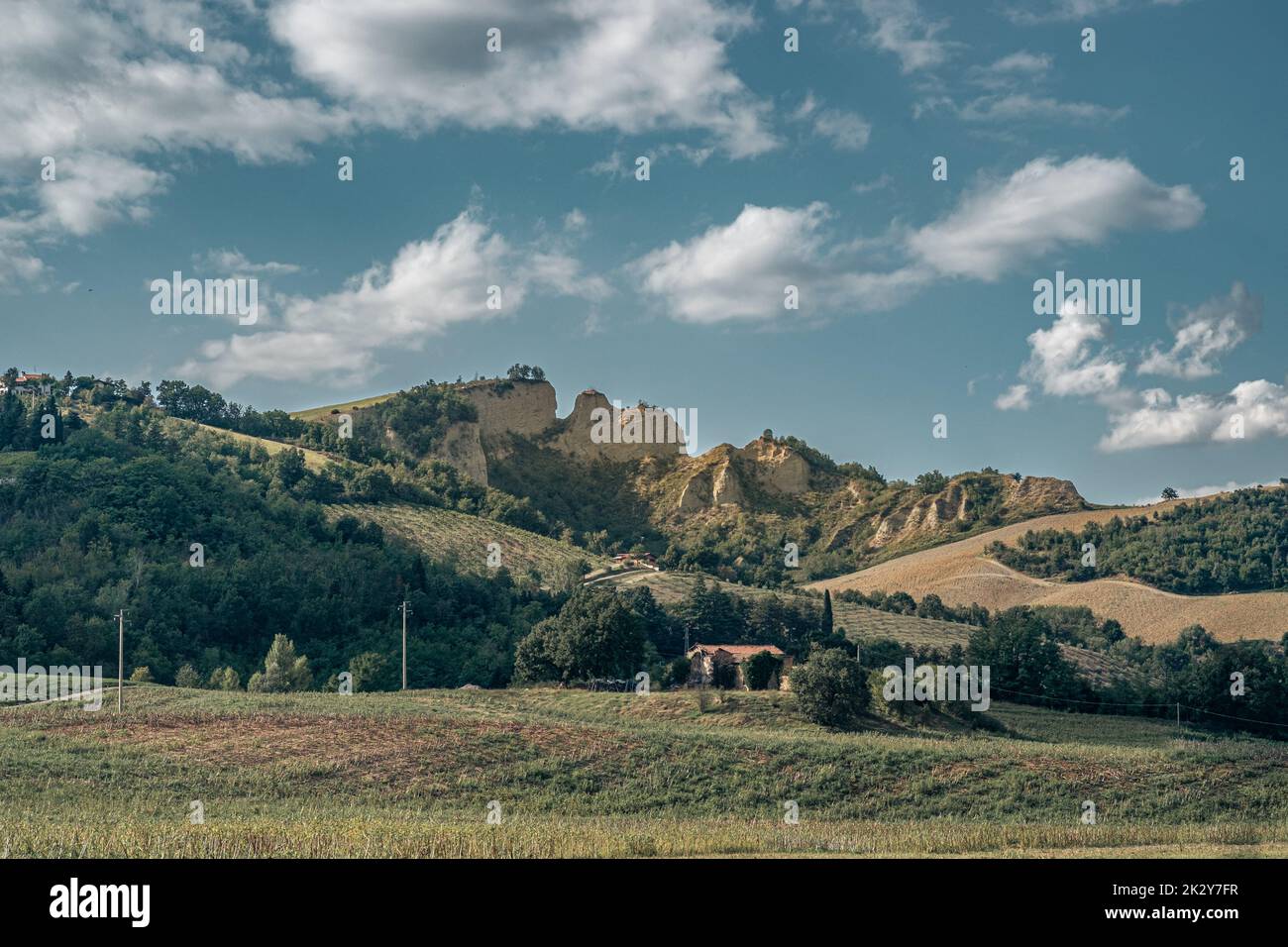 Formazione di rocce arenarie erose tra i comuni di Sasso Marconi e Pianoro. Provincia di Bologna, Emilia-Romagna, Italia. Foto Stock