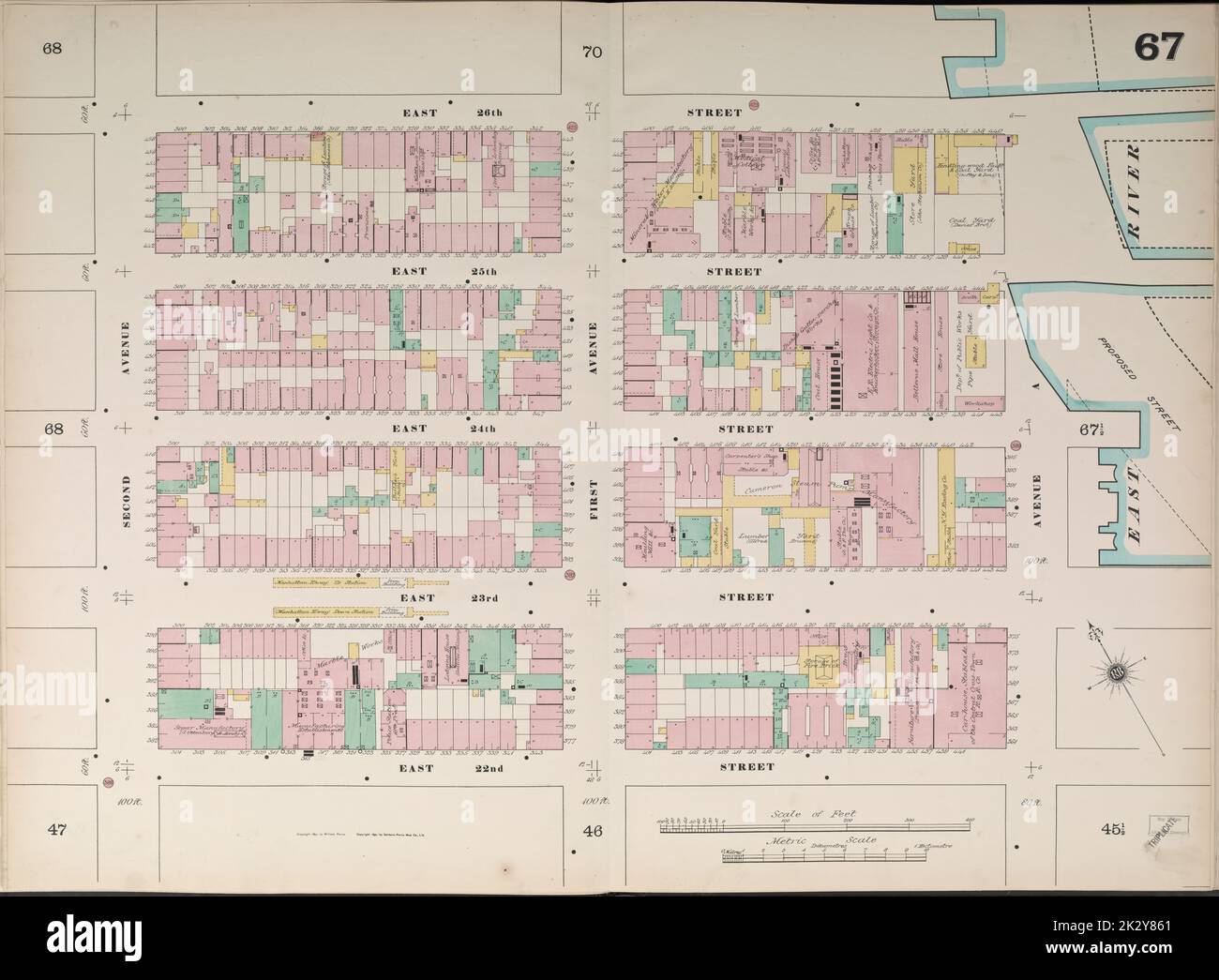 Cartografica, Mappe. 1890. Lionel Pincus e la Principessa Firyal Map Division. Assicurazione antincendio , New York (stato), Real Property , New York (stato), Cities & Cities , New York (stato) Manhattan, V. 4, Double Page Plate No. 67 Mappa delimitata da E. 26th St., East River, E. 22nd St., 2nd Ave. Foto Stock
