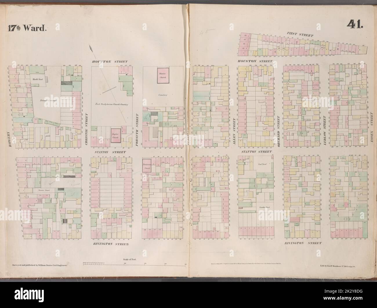 Cartografica, Mappe. 1853. Lionel Pincus e la Principessa Firyal Map Division. Manhattan (New York, N.Y.), Real Property , New York (state) , New York, targhetta di assicurazione antincendio 41: Mappa delimitata da Houston Street, Allen Street, First Street, Essex Street, Rivington Street, Bowery Foto Stock