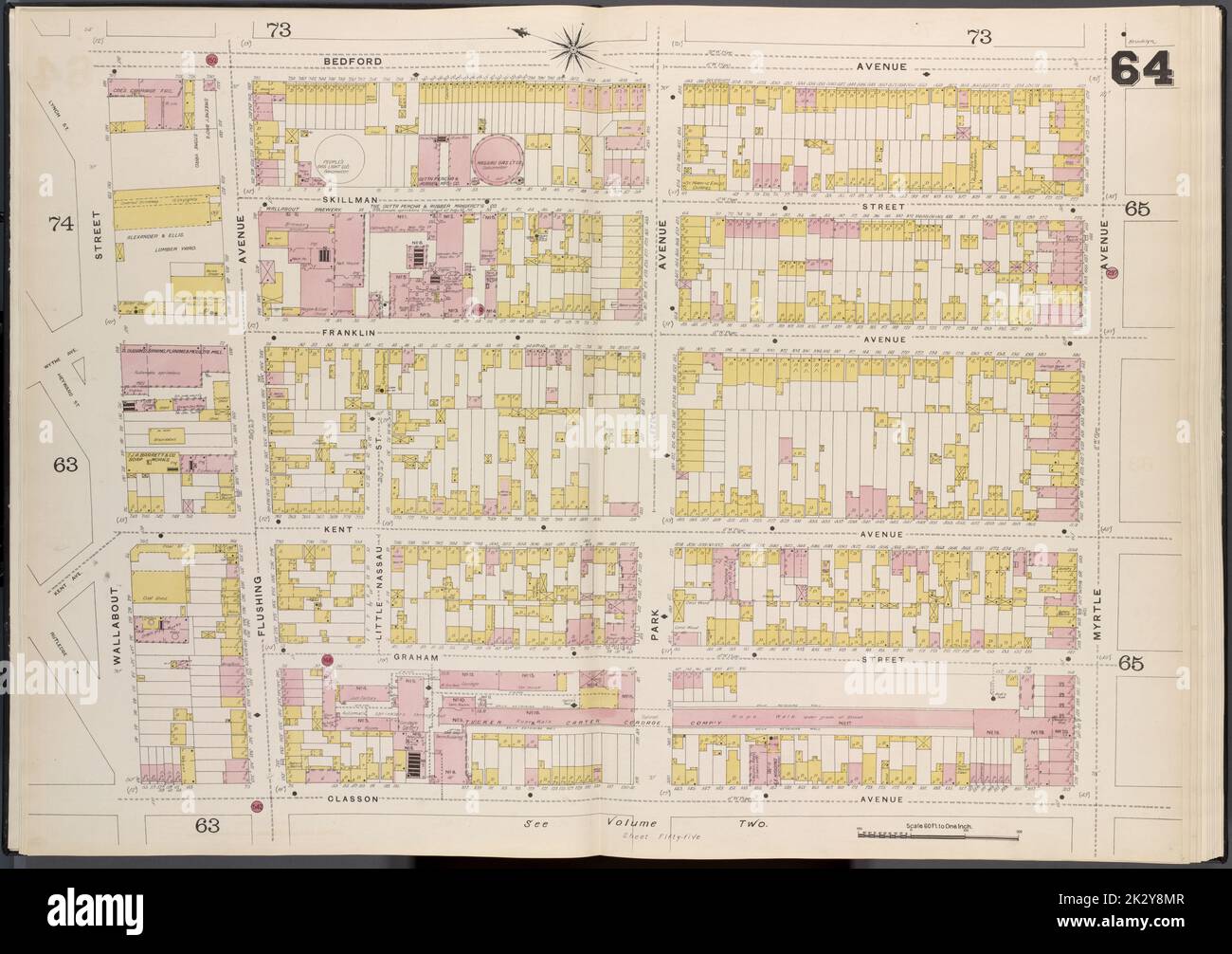 Cartografica, Mappe. 1884 - 1936. Lionel Pincus e la Principessa Firyal Map Division. Assicurazione antincendio , New York (stato), Real Property , New York (stato), Cities & Cities , New York (stato) Brooklyn V. 3, Double Page Plate No. 64 Mappa delimitata da Bedford Ave., Myrtle Ave., Classon Ave., Wallabout St. Foto Stock