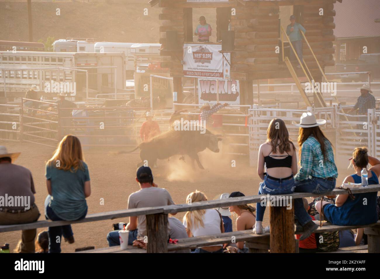 Gli spettatori seduti su panche di legno possono assistere all'evento di equitazione al Rodeo di Fruita, Colorado Foto Stock