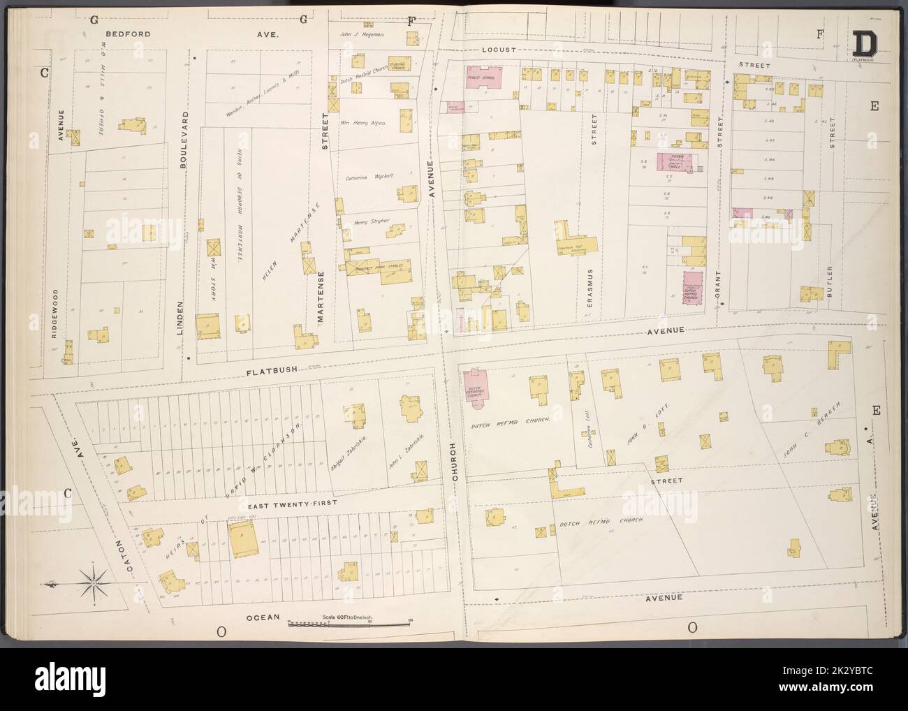 Cartografica, Mappe. 1884 - 1936. Lionel Pincus e la Principessa Firyal Map Division. Assicurazione antincendio , New York (stato), Real Property , New York (stato), Cities & Cities , New York (stato) Brooklyn, V. 7, Double Page Plate No. D Mappa delimitata da Bedford Ave., Looust St., Burler St., Avenue A, Ocecan Ave., Caton Ave., Ridgewood Ave. Foto Stock