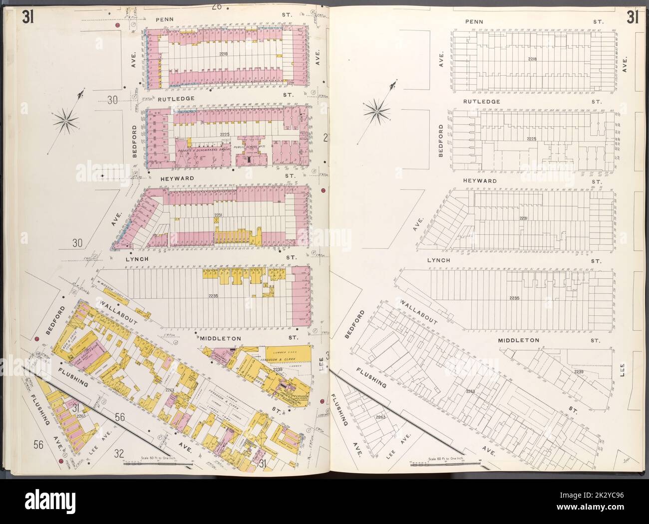 Cartografica, Mappe. 1884 - 1936. Lionel Pincus e la Principessa Firyal Map Division. Assicurazione antincendio , New York (stato), Real Property , New York (stato), Cities & Cities , New York (stato) Brooklyn V. 3, Plate No. 31 Mappa delimitata da Penn St., Lee Ave., Flushing Ave., Bedford Ave. Foto Stock