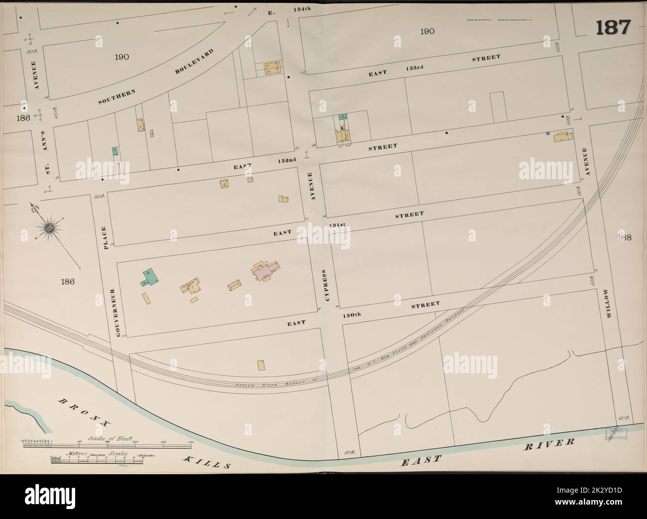 Cartografica, Mappe. 1891. Lionel Pincus e la Principessa Firyal Map Division. Assicurazione antincendio , New York (stato), Real Property , New York (stato), Cities & Cities , New York (stato) Bronx, V. 9, Double Page Plate No. 187 Mappa delimitata da Southern Blvd., East 133rd St., Illow Ave., Bronx uccide, St. Ann's Ave. Foto Stock