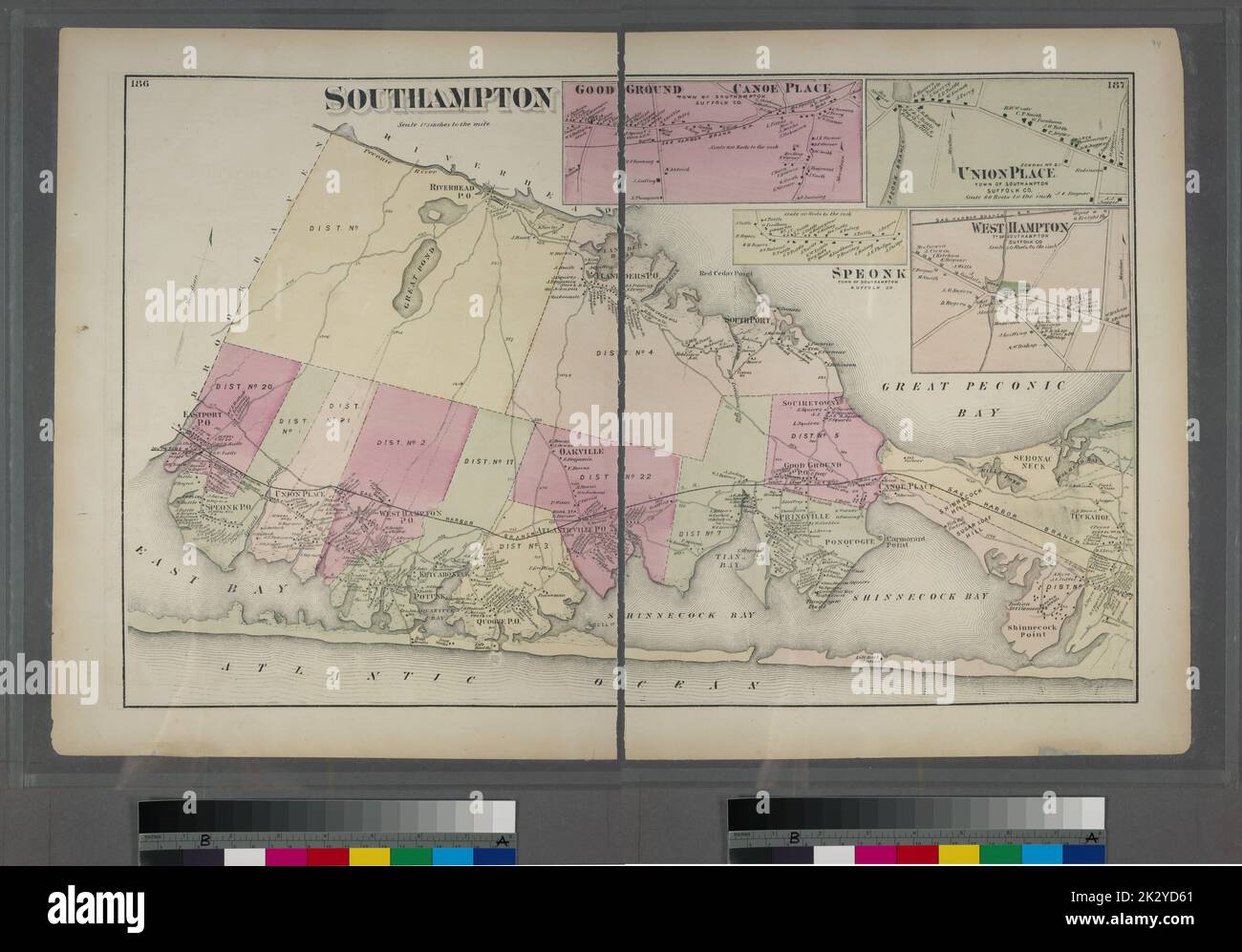 Cartografica, Mappe. 1873. Lionel Pincus e la Principessa Firyal Map Division. Long Island (N.Y.) , Descrizione e viaggio Southampton. - Buono posto di canoe di terra, città di Southampton, Suffolk Co. - Union Place, città di Southampton, Suffolk Co. - West Hampton, città di Southampton, Suffolk Co. - Speonk, città di Southampton, Suffolk Co Foto Stock