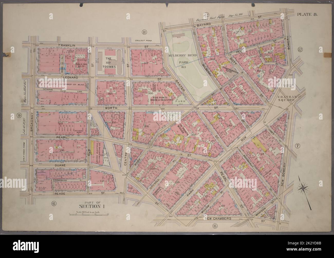 Cartografica, Mappe. 1899. Lionel Pincus e la Principessa Firyal Map Division. Manhattan (New York, N.Y.), Real Property , New York (state) , New York Plate 8, parte della Sezione 1: Bounded by Franklin Street, Bayard Street, Bowery, Chatham Square, New Bowery, Madison Street, New Chambers Street, William Street, Duane Street, Reade Street e Broadway Foto Stock