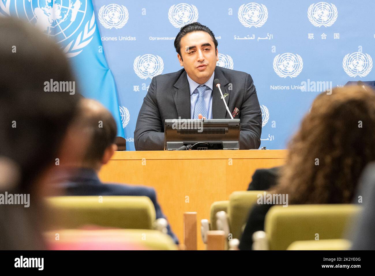 New York, NY - 23 settembre 2022: Comunicato stampa di Bilawal Bhutto Zardari, ministro degli Affari Esteri della Repubblica islamica del Pakistan presso la sede delle Nazioni Unite Foto Stock