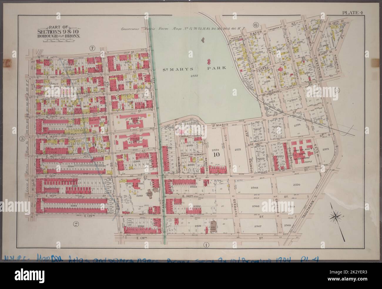 Bromley, George Washington. Cartografica, Mappe. 1904. Lionel Pincus e la Principessa Firyal Map Division. Bronx (New York, N.Y.), Real Property , New York (state) , New York Plate 4: Parte delle sezioni 9 e 10, Borough of the Bronx. Delimitata da E. 147th Street, Trinity Avenue, Dater Street, Southern Boulevard, E. 138th Street, Brook Avenue, E. 139th Street e Willis Avenue. Foto Stock