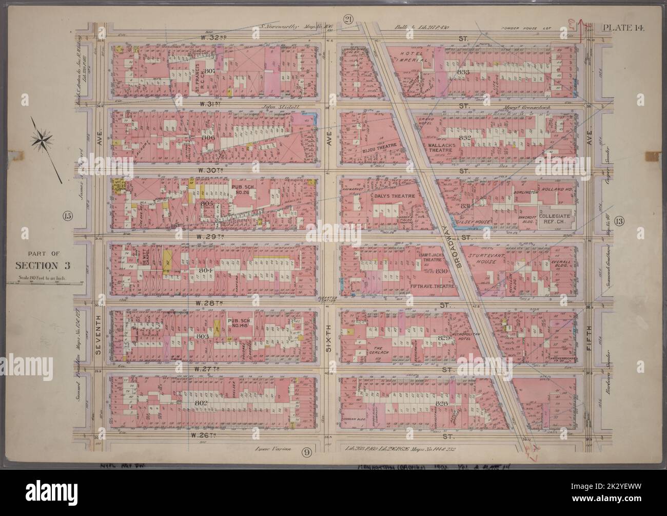 Cartografica, Mappe. 1899. Lionel Pincus e la Principessa Firyal Map Division. Manhattan (New York, N.Y.), Real Property , New York (state) , New York Plate 14, parte della Sezione 3: Delimitata da W. 32nd Street, Fifth Avenue, W. 26th Street e Seventh Avenue Foto Stock