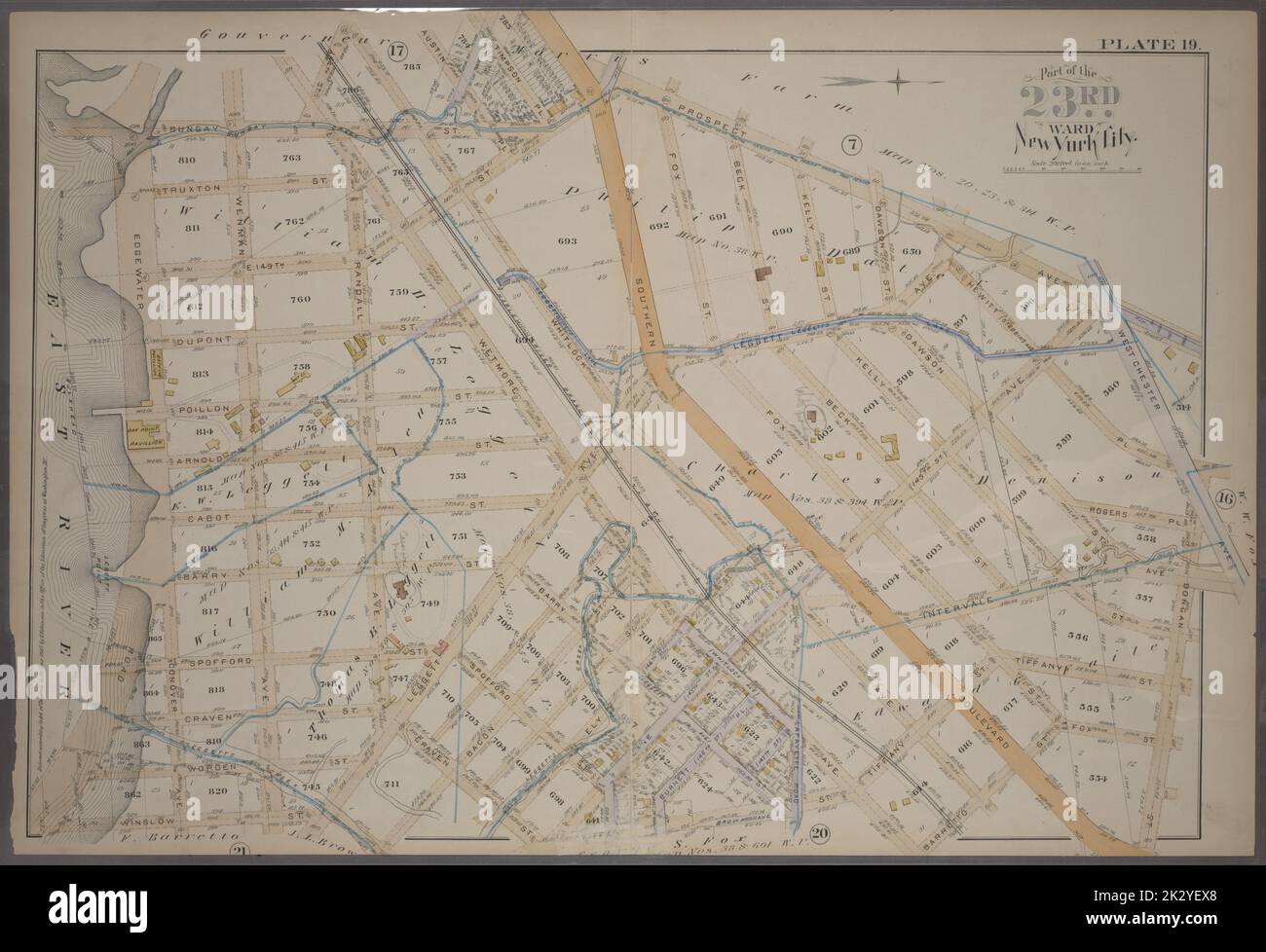 Cartografica, Mappe. 1887. Lionel Pincus e la Principessa Firyal Map Division. New York (N.Y.), Manhattan (New York, N.Y.) Piastra 19: Delimitata da Bungay St., Southern Blvd., Prospect Ave., Dongan St., Fox St., Barretto St., Wetmore Ave., Tiffany St., Craven St., Bacon St., Winslow St., Conover Ave. E Edgewater Road. Parte del 23rd Ward, New York City. Foto Stock