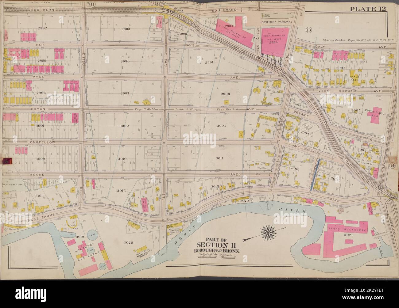 Cartografica, Mappe. 1911. Lionel Pincus e la Principessa Firyal Map Division. Bronx (New York, N.Y.), New York (N.Y.) Plate 12 Mappa delimitata da Southern Blvd., Bronx River Foto Stock
