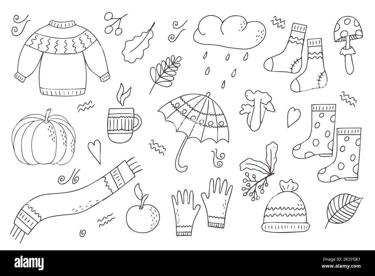 Set di accessori autunnali in bianco e nero. Pagine da colorare. Stile Doodle. Ciao, autunno. Design o adesivo. Illustrazione del vettore isolato Illustrazione Vettoriale