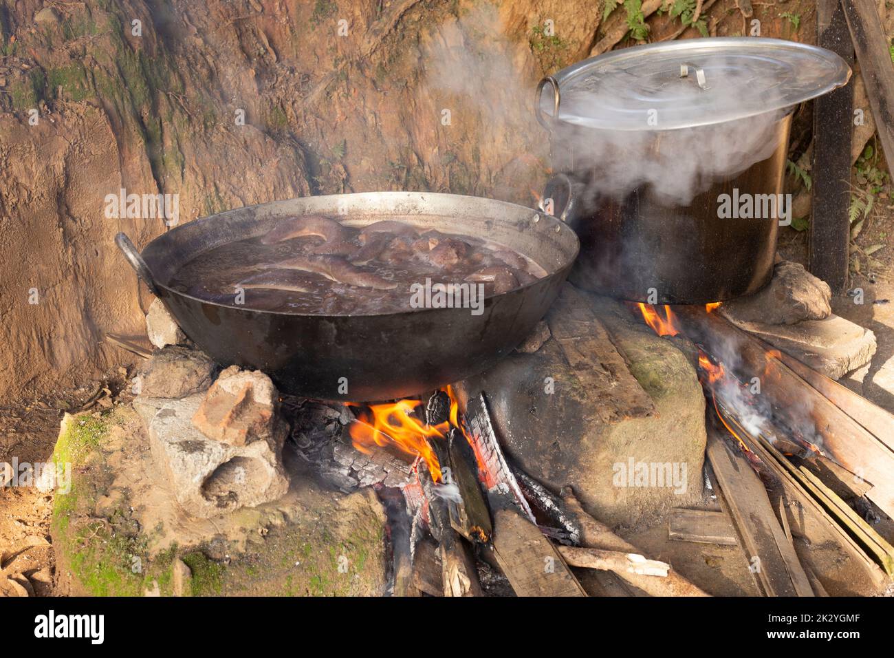 Preparazione di salsiccia di sangue e torta di sangue, cibo tradizionale dalla Colombia Foto Stock
