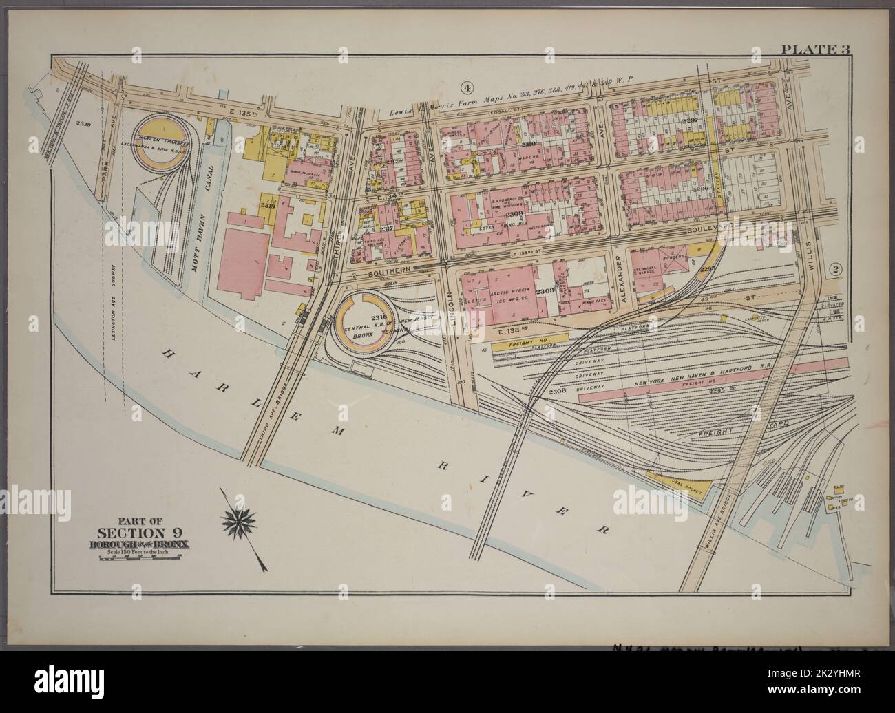G.W. Bromley & Co.. Cartografica, Mappe. 1921. Lionel Pincus e la Principessa Firyal Map Division. Bronx (New York, N.Y.), Real Property , New York (state) , New York Plate 3, parte della Sezione 9, Borough of the Bronx. Delimitato da E. 135th Street, Willis Avenue, (Harlem River) Southern Boulevard e Park Avenue. Foto Stock