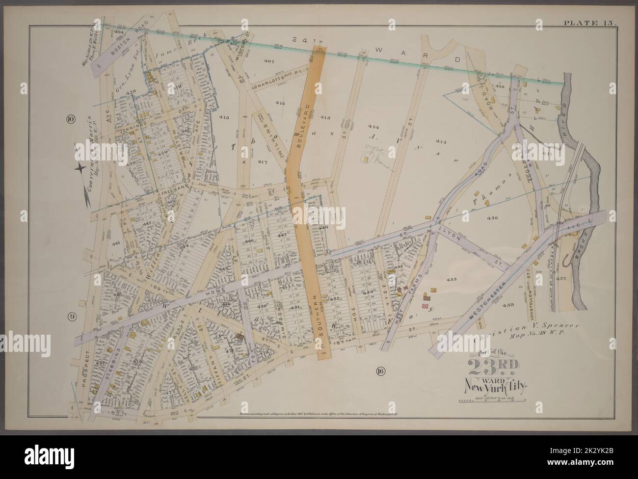 Cartografica, Mappe. 1887. Lionel Pincus e la Principessa Firyal Map Division. New York (N.Y.), Manhattan (New York, N.Y.) Piastra 15: Delimitata da Boston Road, Stebbins Ave., Freeman St., Intervale Ave., Wilkins Pl., Charlotte Pl., Southern Blvd., Freeman St., Hoe St., Home St., West Farms Road, Main St., Westchester Ave., E. 167th St. E Prospect Ave. Parte della 23rd Ward, New York City. Foto Stock