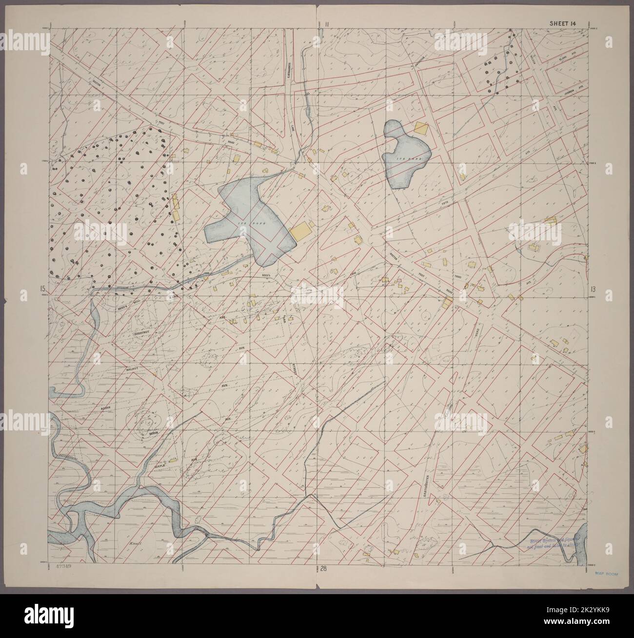 Cartografica, Mappe. 1905. Lionel Pincus e la Principessa Firyal Map Division. Bronx (New York, N.Y.) Foglio 14: Griglia n. 16000E - 20000E, n. 11000N - 15000N. Include Boston Post Road, (EastChester), Rattlesnake Creek, (Bay Chester Avenue) e Eastchester Landing Road. Griglia di progettazione dell'Ufficio dell'Ufficio topografico del Bronx. Foto Stock