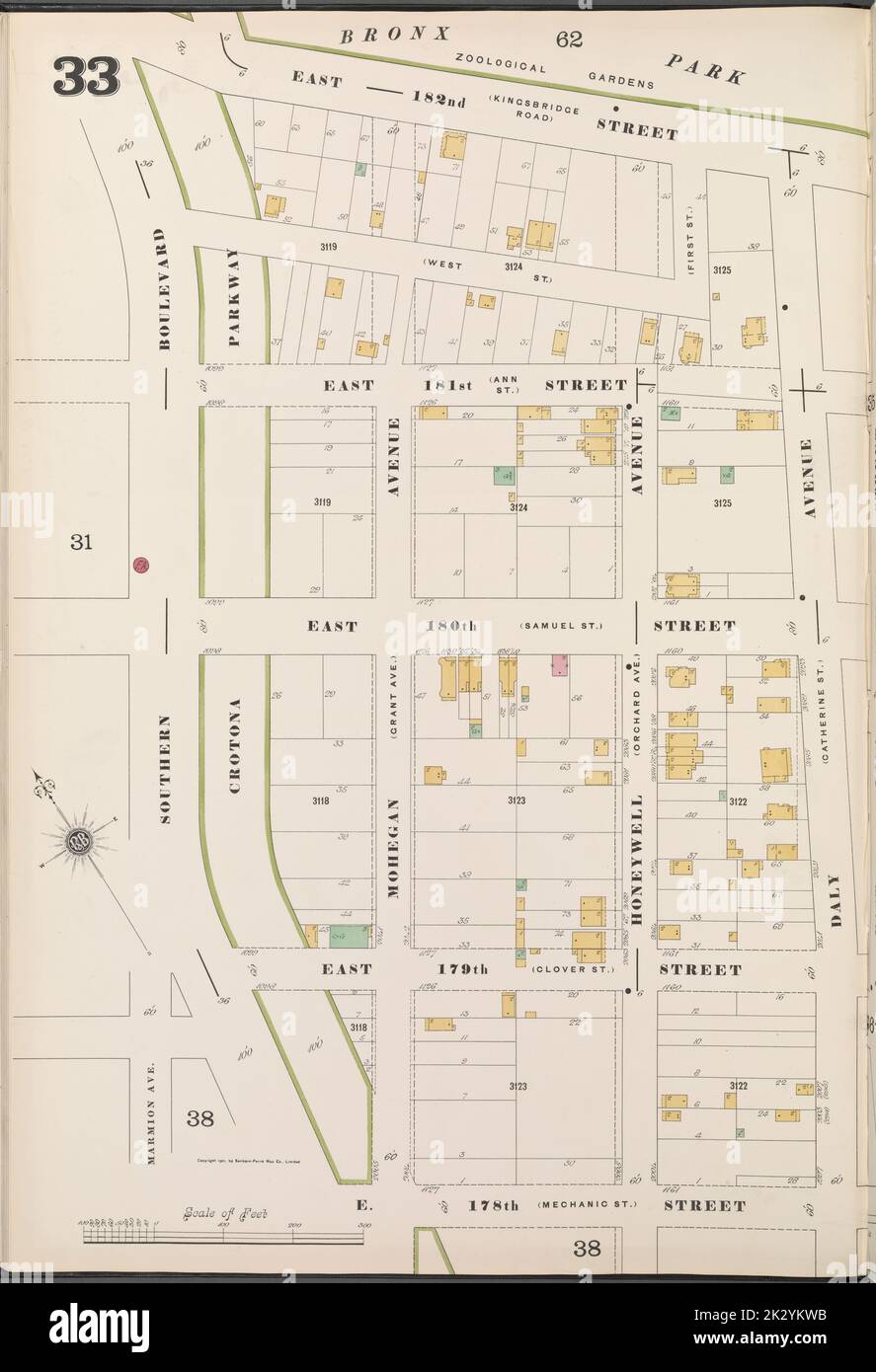 Cartografica, Mappe. 1901. Lionel Pincus e la Principessa Firyal Map Division. Assicurazione antincendio , New York (stato), Real Property , New York (stato), Cities & Cities , New York (stato) Bronx, V. 14, Plate No. 33 Mappa delimitata da E. 182nd St., Daly Ave., E. 178th St., Southern Blvd. Foto Stock