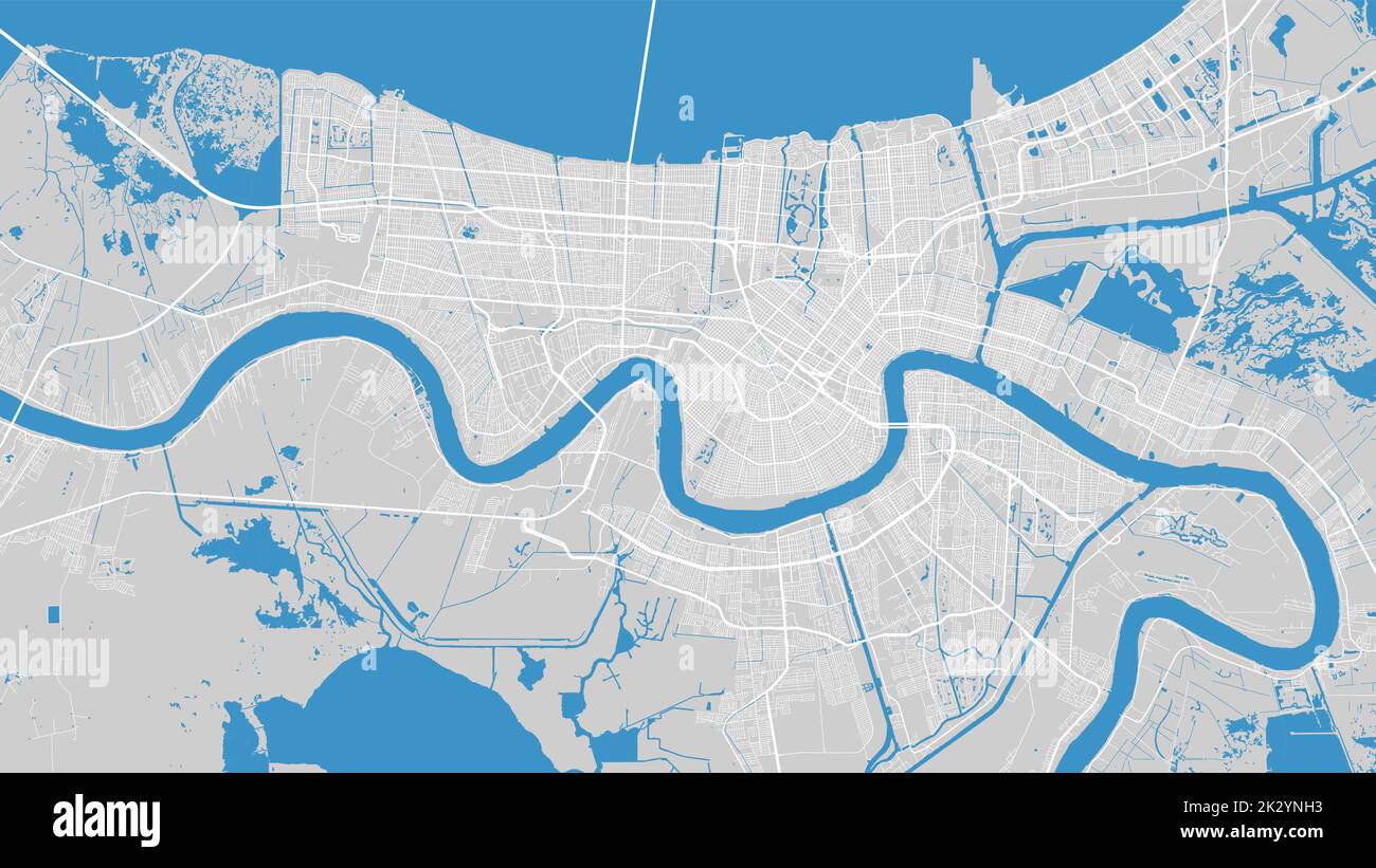 Mappa del fiume Mississippi, New Orleans, Stati Uniti. Corso d'acqua, flusso d'acqua, blu su sfondo grigio strada mappa. Illustrazione dettagliata del vettore di silhouette Illustrazione Vettoriale