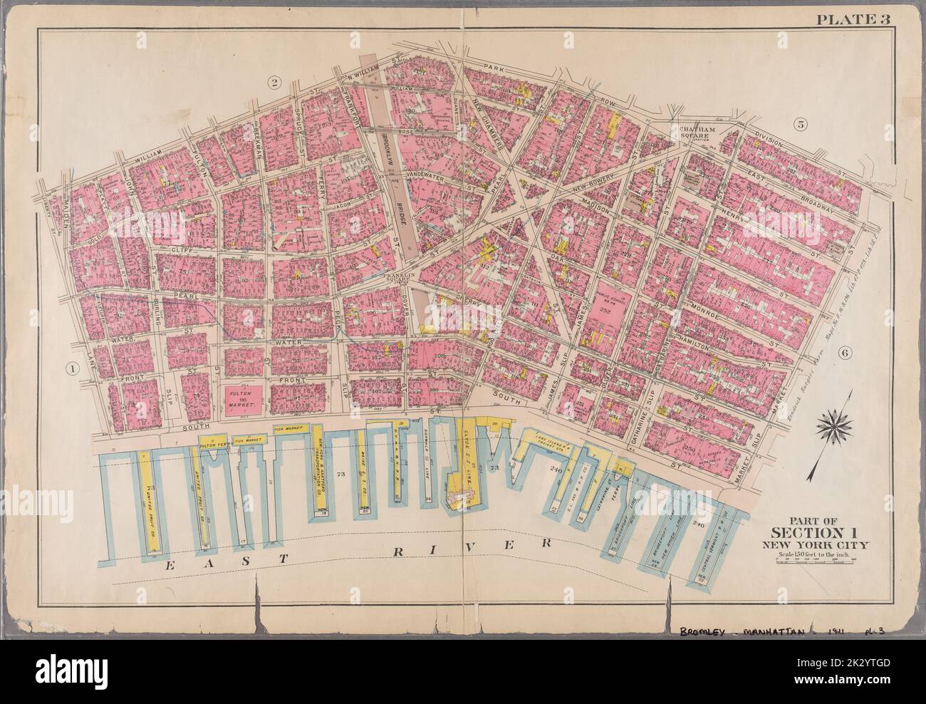 Cartografica, Mappe. 1911. Lionel Pincus e la Principessa Firyal Map Division. New York (N.Y.), Manhattan (New York, N.Y.), Real Property , New York (state) , New York , Manhattan Plate 3: Bounded by William Street, N. William Street, Park Row, Chatham Square, Market Street, Market Slip, Hudson River, Piers 15-29 South Street e Liberty Street. Parte della Sezione 1, New York City. Foto Stock