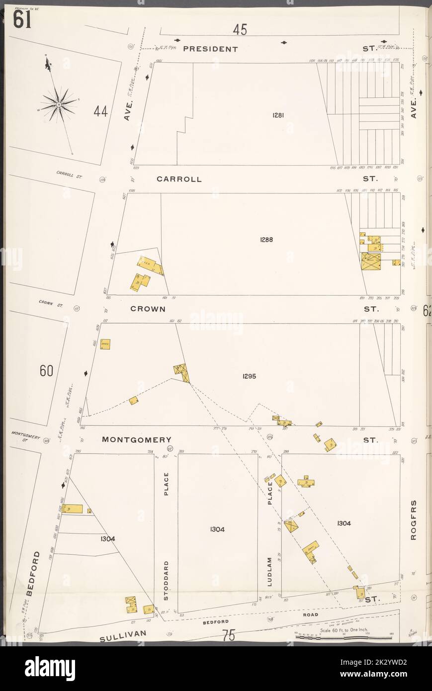 Cartografica, Mappe. 1884 - 1936. Lionel Pincus e la Principessa Firyal Map Division. Assicurazione antincendio , New York (stato), Real Property , New York (stato), Cities & Cities , New York (stato) Brooklyn V. 7, Plate No. 61 Mappa delimitata da President St., Rogers Ave., Sullivan St., Bedford Ave. Foto Stock
