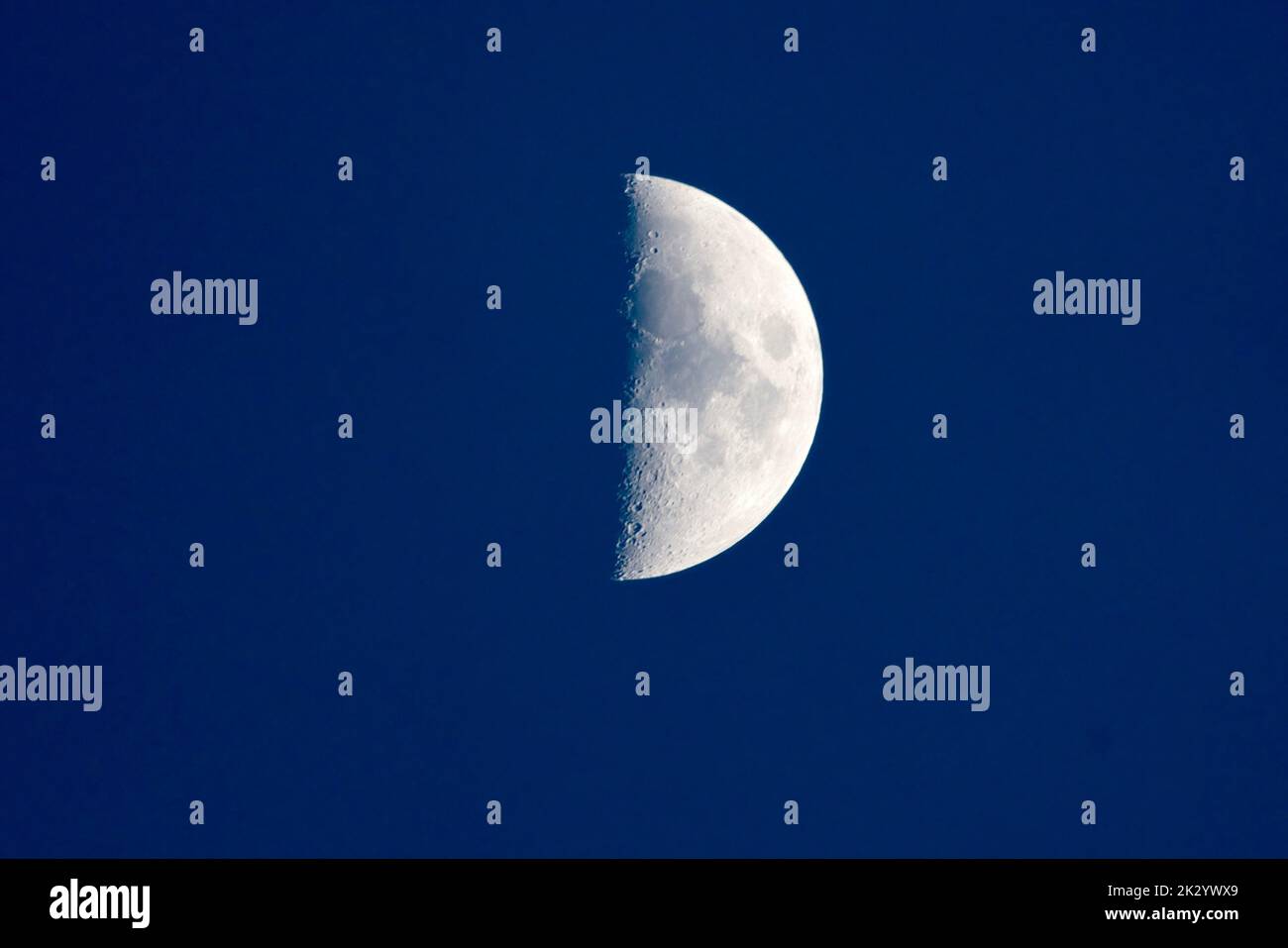 Una luna a mezza fase contro uno sfondo cielo blu Foto Stock