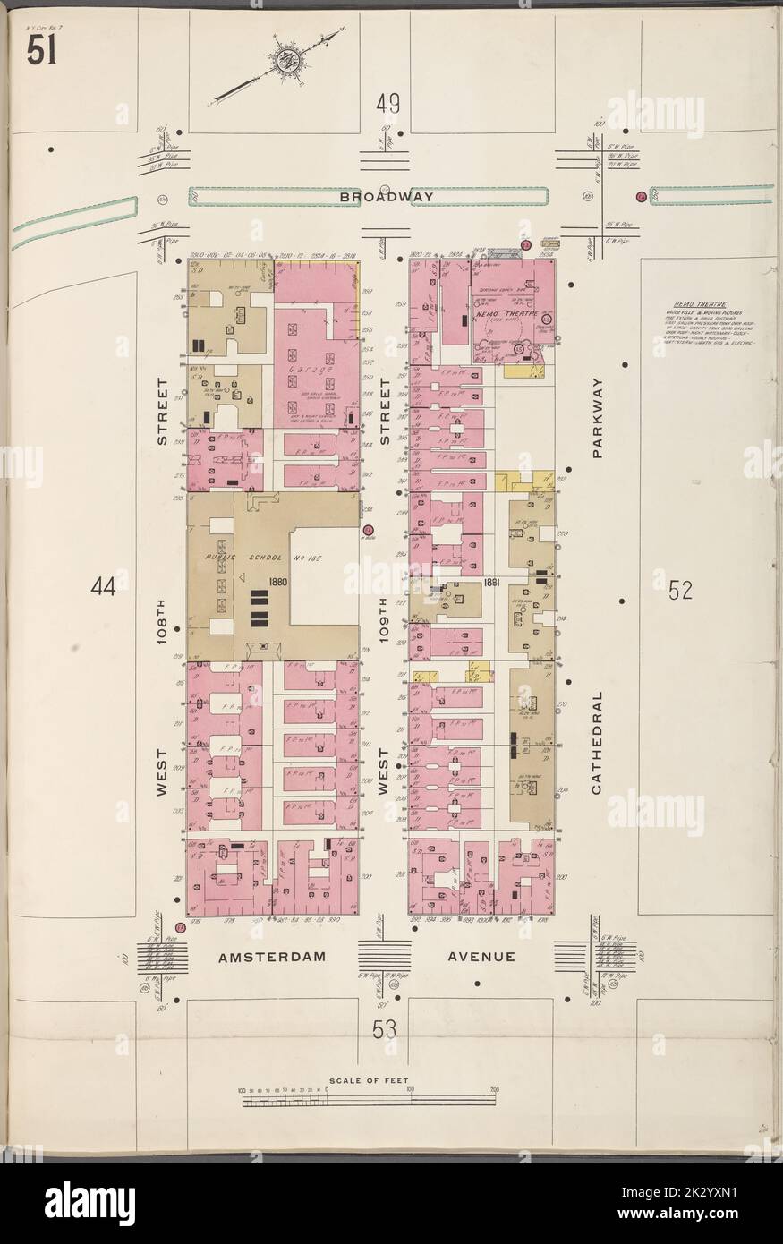 Cartografica, Mappe. 1912. Lionel Pincus e la Principessa Firyal Map Division. Assicurazione antincendio , New York (Stato), Real Property , New York (Stato), Cities & Cities , New York (Stato) Manhattan V. 7, Plate No. 51 Mappa delimitata da Broadway, Cathedral Parkway, Amsterdam Ave., W. 108th St Foto Stock