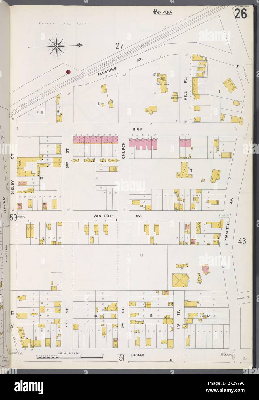 Cartografica, Mappe. 1884 - 1936. Lionel Pincus e la Principessa Firyal Map Division. Assicurazione antincendio , New York (stato), Real Property , New York (stato), Cities & Cities , New York (stato) Queens V. 3, Plate No. 26 Mappa delimitata da Flushing Ave., Maspeth Ave., Broad St., Bielby CT Foto Stock