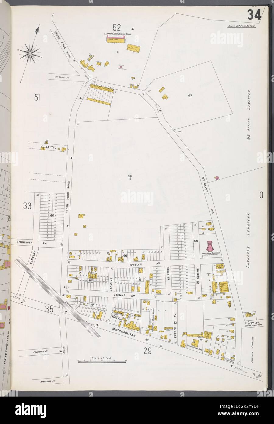 Cartografica, Mappe. 1884 - 1936. Lionel Pincus e la Principessa Firyal Map Division. Assicurazione antincendio , New York (Stato), Real Property , New York (Stato), Cities & Cities , New York (Stato) Queens V. 3, Plate No. 34 Mappa delimitata da Fresh Pond Rd., Mt. Olivet Ave., Metropolitan Ave. Foto Stock