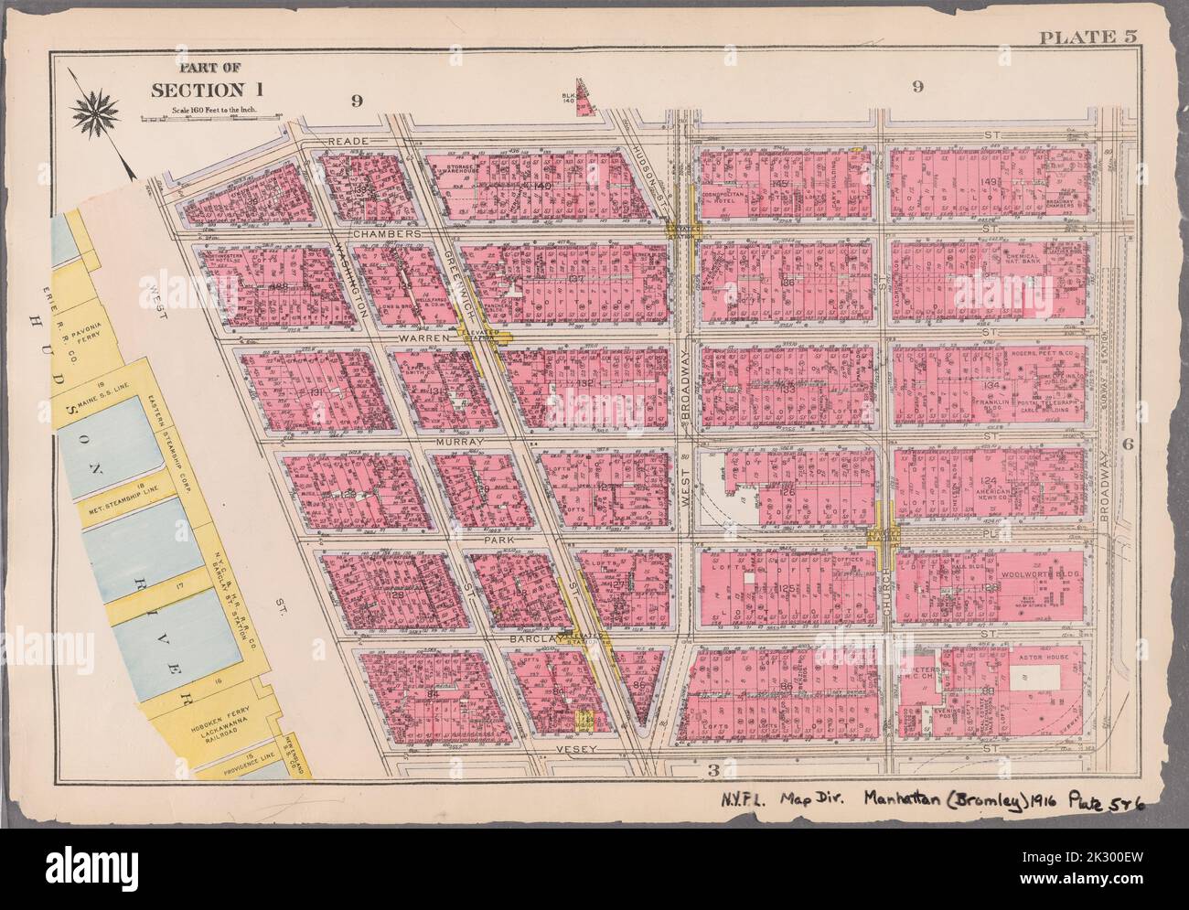 Cartografica, Mappe. 1916. Lionel Pincus e la Principessa Firyal Map Division. Atlas, Manhattan (New York, N.Y.), Real Property , New York (state) , New York Plate 5 : delimitato da Reade Street, Broadway, Vesey Street, e West Street parte della Sezione 1 Foto Stock