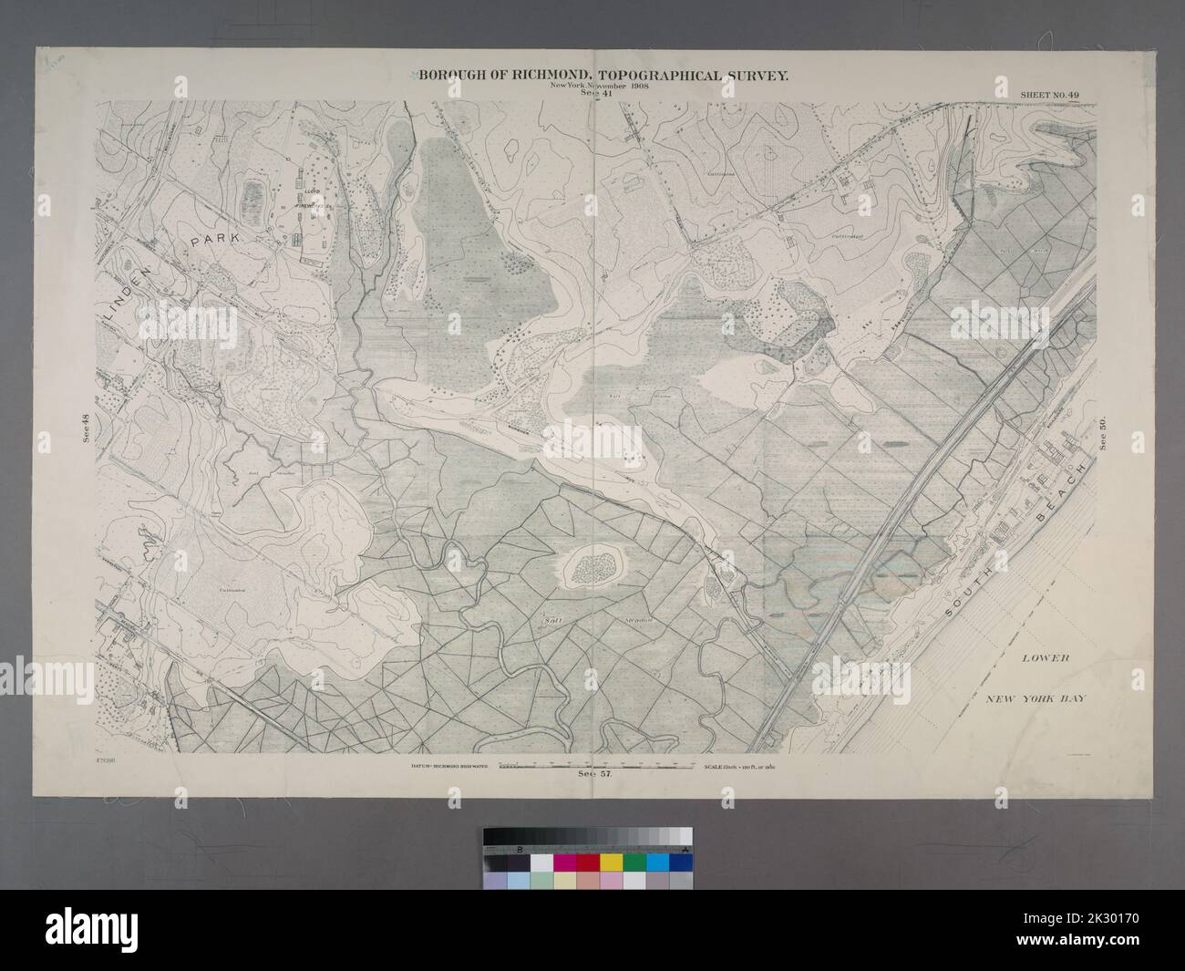 Cartografica, Mappe, Mappe topografiche. 1906 - 1913. Lionel Pincus e la Principessa Firyal Map Division. Staten Island (New York, N.Y.) Foglio n. 49. Include Linden Park e South Beach. Borough of Richmond, Topographical Survey. Foto Stock