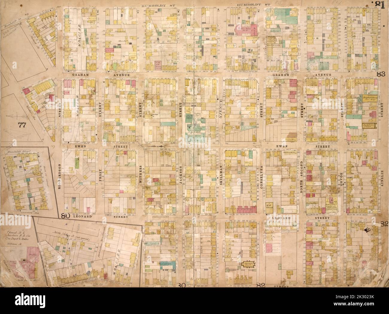 Cartografica, Mappe. 1868. Lionel Pincus e la Principessa Firyal Map Division. Brooklyn (New York, N.Y.), assicurazione antincendio , New York (Stato) , New York Brooklyn, Vol. 4, Double Page Plate No. 81; Mappa delimitata da Humboldt St., Herbert St., Meeker Ave., William St., North Henry St. (Non aperto), Richardson St., Humboldt St., Ainslie St., Leonard St.; Tra cui Frost St., Withers St., Jackson St., Skillman St., Conselyea St., North 2nd St., Devoe St., Graham Ave., Ewen St Foto Stock