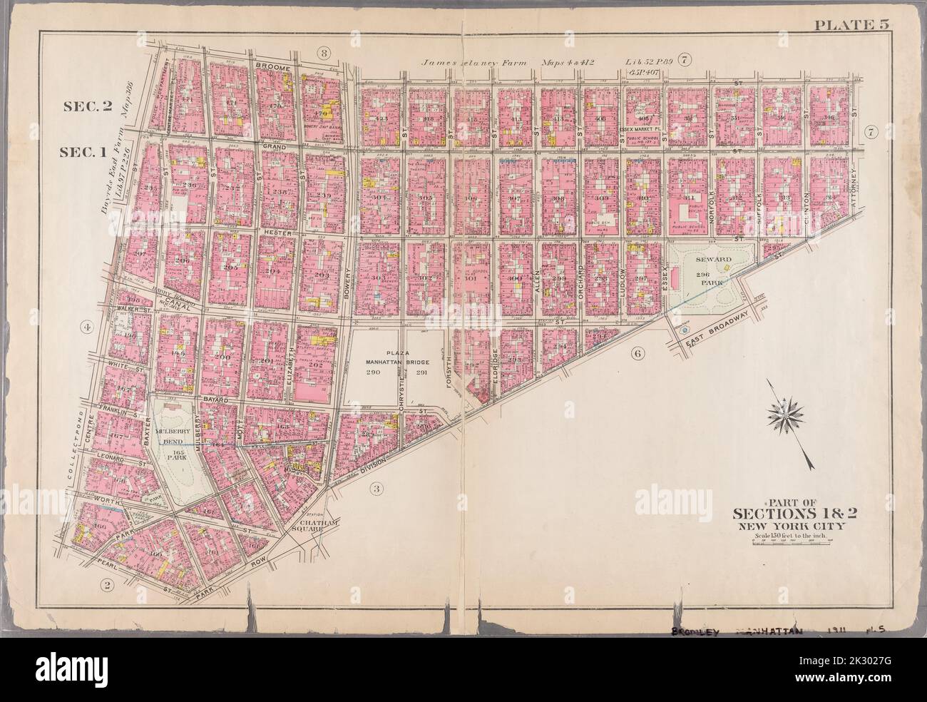 Cartografica, Mappe. 1911. Lionel Pincus e la Principessa Firyal Map Division. New York (N.Y.), Manhattan (New York, N.Y.), Real Property , New York (state) , New York , Manhattan Plate 5: Bounded by Broome Street, Attorney Street, Division Street, Chatham Square, Park Row, Pearl Street e Centre Street. Parte delle sezioni 1 e 2, New York City. Foto Stock