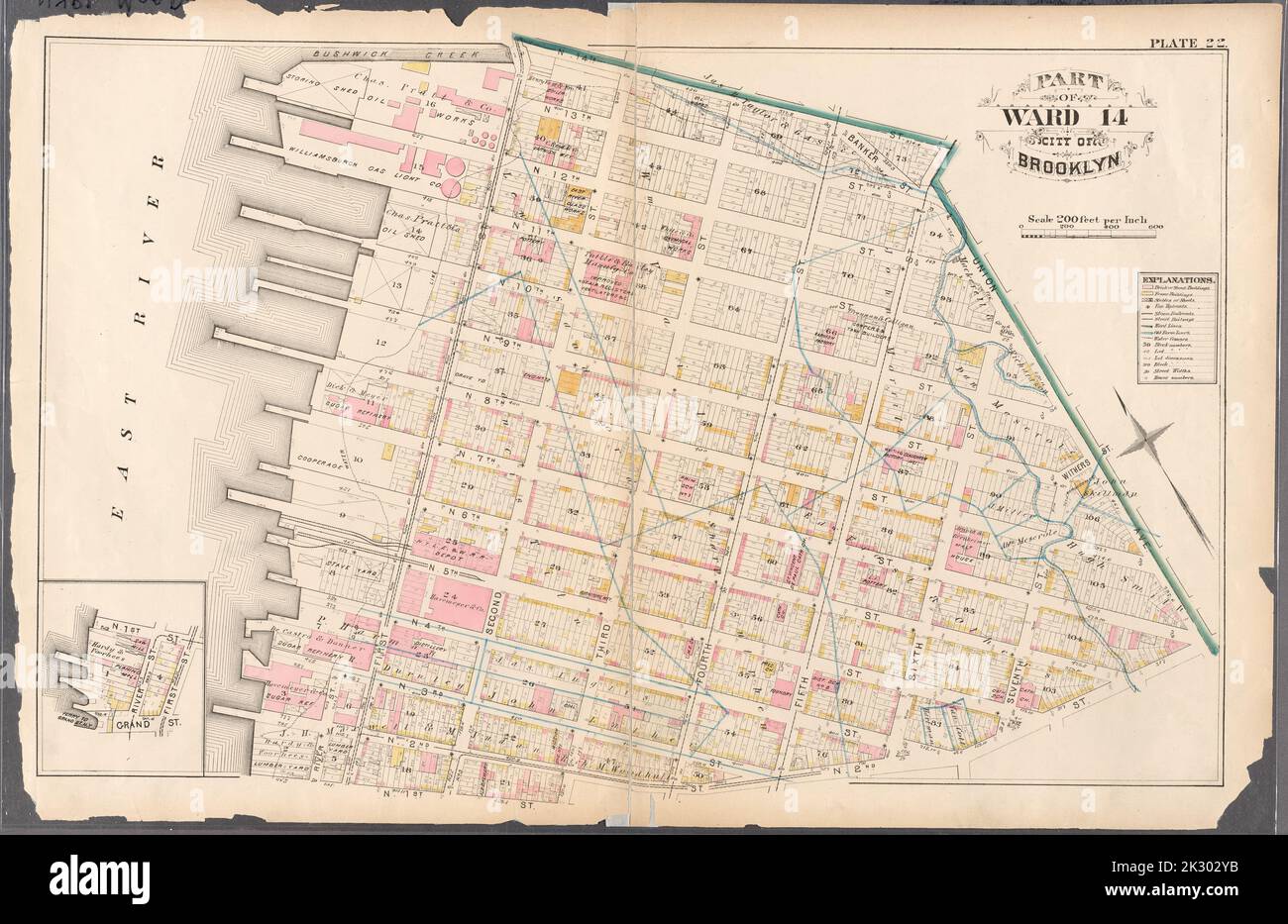 Cartografica, Mappe. 1880. Lionel Pincus e la Principessa Firyal Map Division. Brooklyn (New York, N.Y.), Real Property , New York (state) , New York Plate 22: Delimitata da N. 14th Street, Fifth Street, Union Avenue, N. 2nd Street, Third Street, 1st Street, River Street, N. 3rd Street e (East River) First Street. Piastra 22: Parte di Ward 14. Città di Brooklyn. Foto Stock