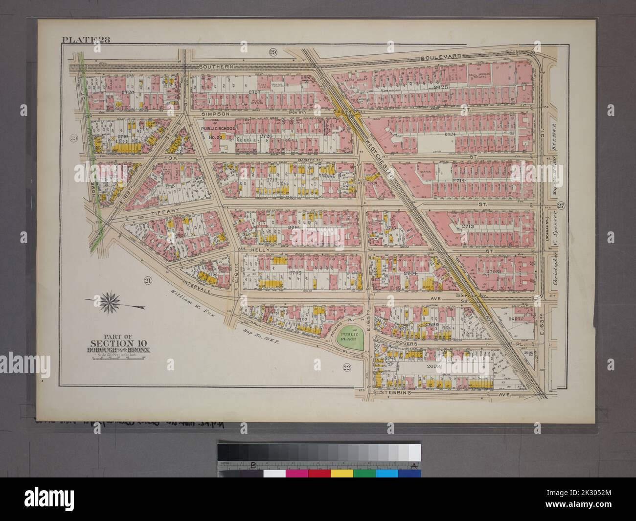 G.W. Bromley & Co.. Cartografica, Mappe. 1921. Lionel Pincus e la Principessa Firyal Map Division. Bronx (New York, N.Y.), Real Property , New York (state) , New York Plate 28, parte della Sezione 10, Borough of the Bronx. Delimitata da Southern Boulevard, E. 163rd Street, Stebbins Avenue, E. 165th Street, Hall Place, E Home Street. Foto Stock